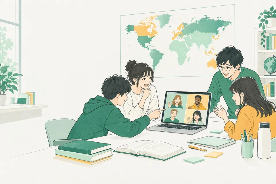 研究室でノートパソコンを囲み、画面を指さしながら海外の学生とオンラインで話す日本の大学生たち