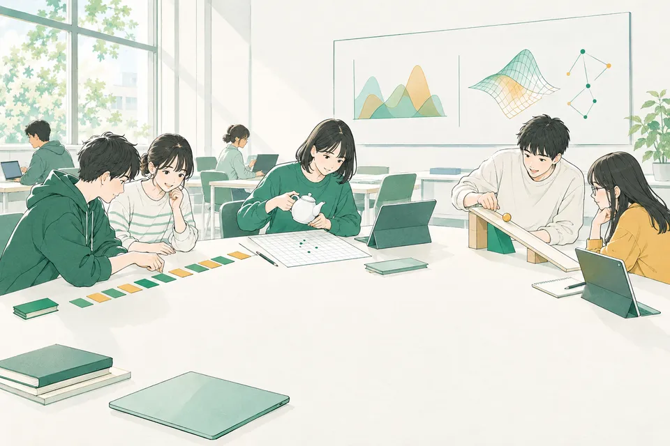 教室の机で、0 と 1 のカードを並べたり、ティーポットの形を方眼紙に写したりして、数学とコンピュータのつながりを確かめる学生たち