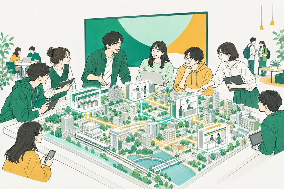 駅の改札・銀行・病院・コンビニがデータの線でつながる街を見下ろしながら、大きな画面の前で打ち合わせをする学生のチーム