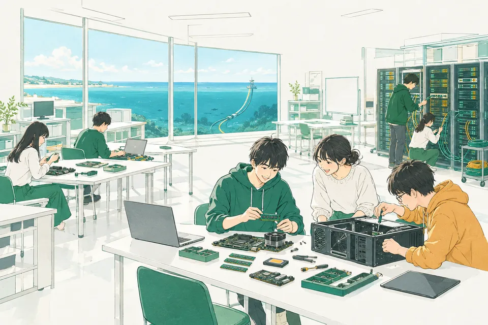 大学の実験室で、基板やサーバーの棚、ネットワークのケーブルを前に、コンピュータを組み立てて動かす学生たち