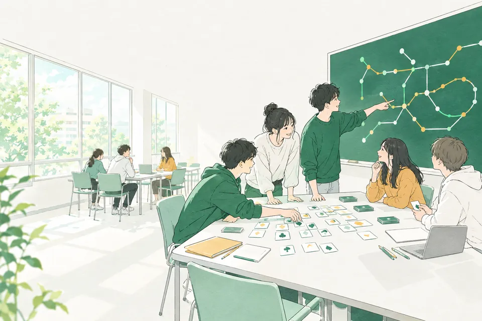 黒板の前で、カードの並べ替えや点と線の図を使って手順を考える学生たち