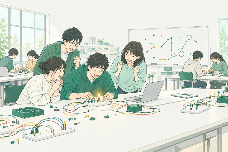実験室の机で、電子部品を差したボードとランプを前に回路を組む学生たち