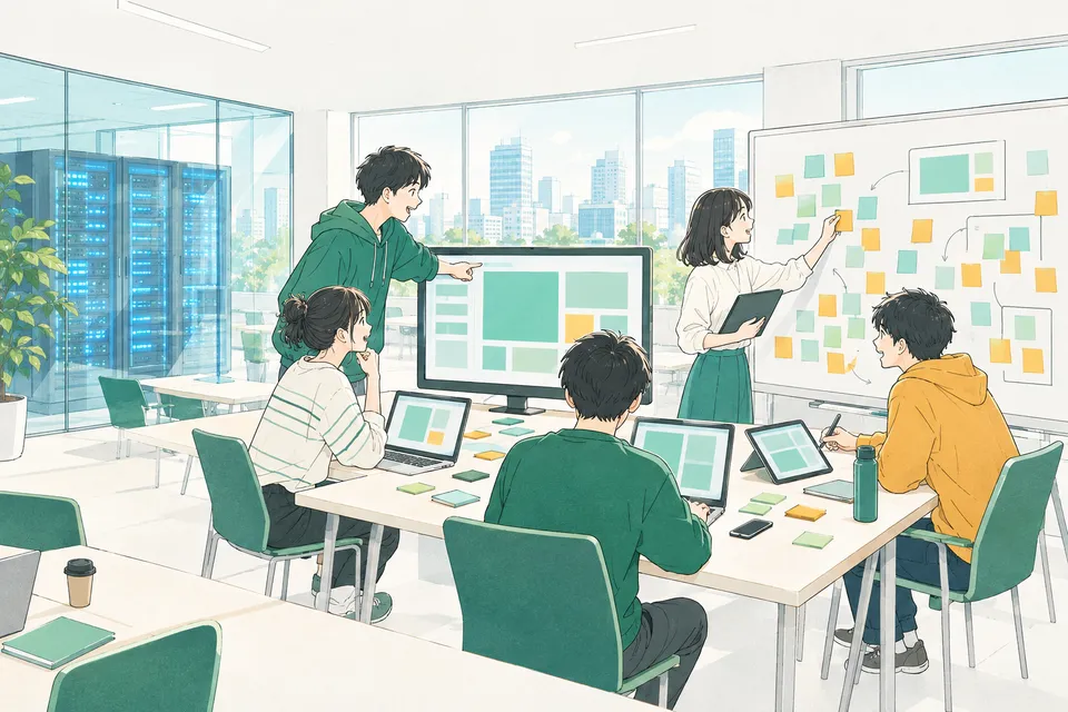 大学の演習室で大きな画面とホワイトボードを囲み、役割を分けてアプリをつくる学生のチーム