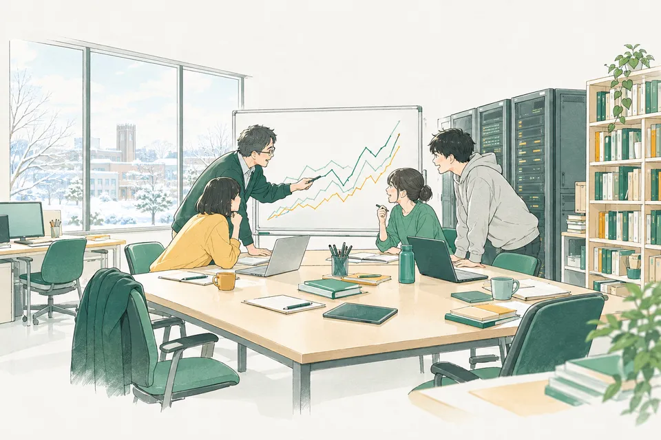 研究室の大きな机で、先生や大学院生とホワイトボードのグラフを囲んで話し合う 4 年生