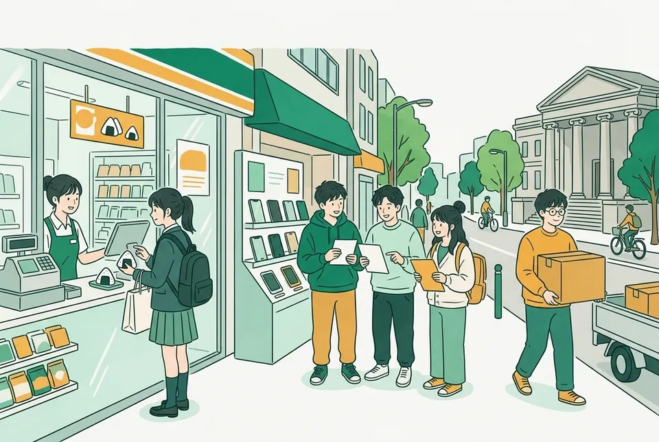 コンビニのレジ、スマートフォンの売り場、引っ越しの段ボール、裁判所の建物がつながった街で、大学生たちが書類を読み比べる様子