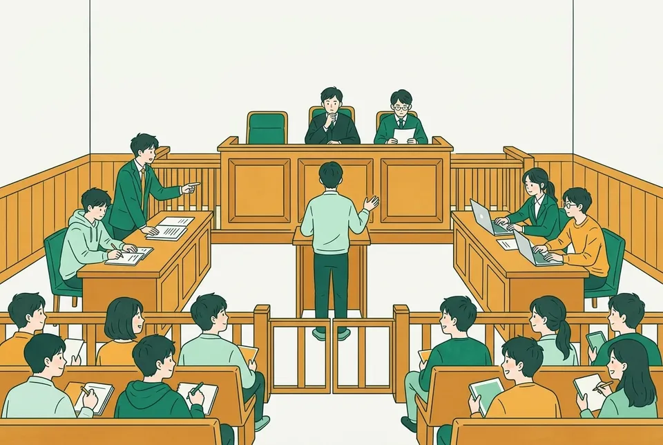 大学の模擬法廷で、裁判官・検察官・弁護人の役に分かれた学生たちが向き合い、傍聴席の学生がメモを取る様子
