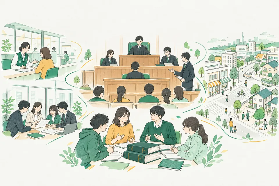 大学の模擬法廷で裁判の役を演じる学生と、市役所の窓口・会社の会議室・街の暮らしがルールでつながる様子
