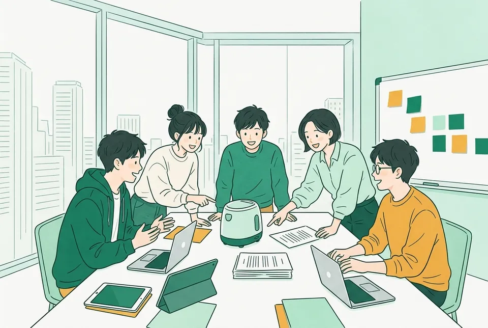 会社の会議室で、契約書の束と新商品の試作品を囲み、法務部の先輩社員と大学生のインターンが話し合う様子