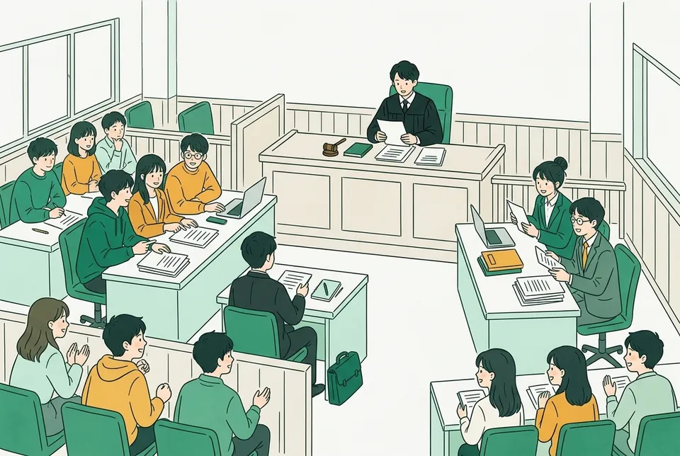木の机が並ぶ法廷を再現した教室で、弁護士・裁判官・検察官の役に分かれ、資料を手に模擬裁判の準備をする大学生たち