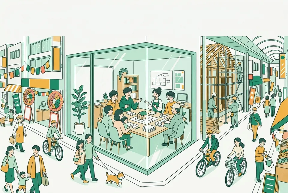 商店街の一角にある事務所で、家の模型や申請書の束を囲み、相談に来た家族やお店の店主に説明する若い専門職たち