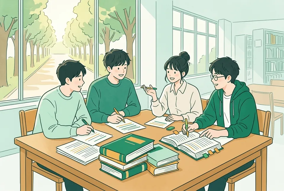 大学の図書館の大きな机で、分厚い法律書と紙の束を広げ、文に色ペンで線を引いたり区切りに印を付けたりしながら話し合う大学生たち
