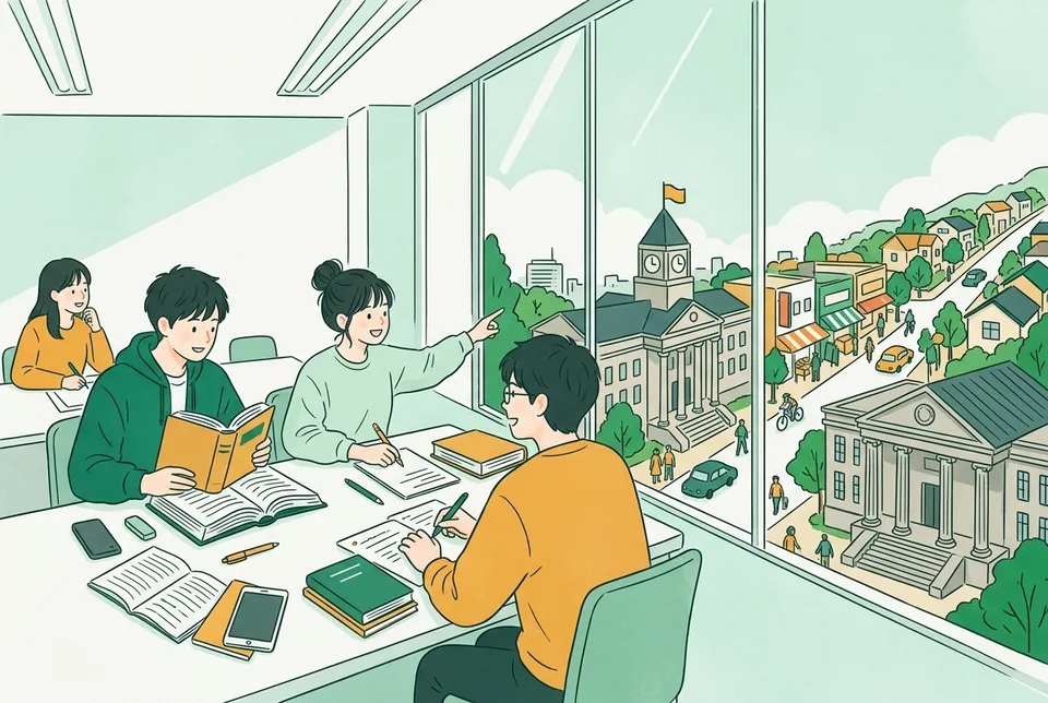 大学の講義室で教科書と法令集を広げてノートを取る学生たちと、窓の外に見える裁判所・役所・商店街の街並み