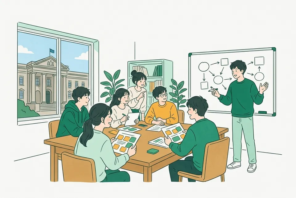 ゼミ室の大きな机を囲み、判決文の資料を手に議論する大学生たちと、窓の外に見える石造りの裁判所の建物