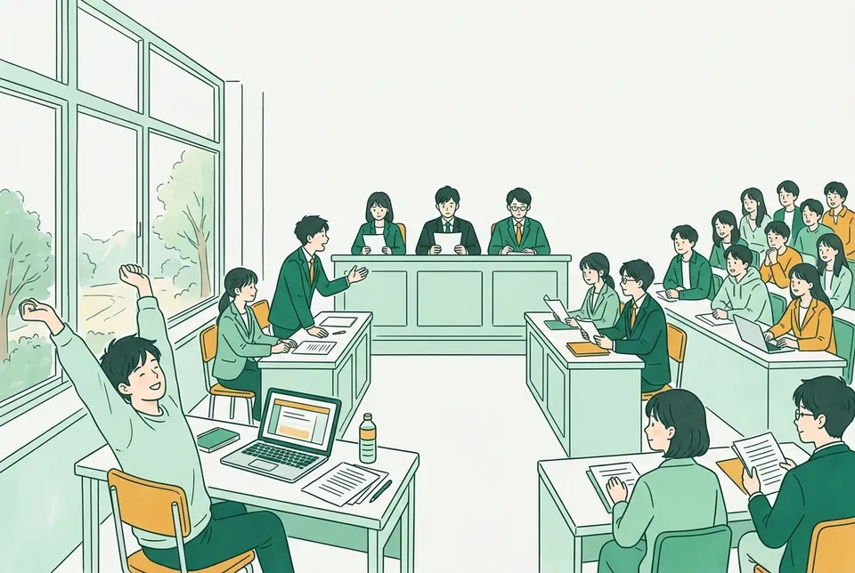 大学の法廷教室で裁判官・検察官・弁護人の役を演じる学生たちと、図書館で論文を書き上げる学生、裁判所へ向かう学生たち