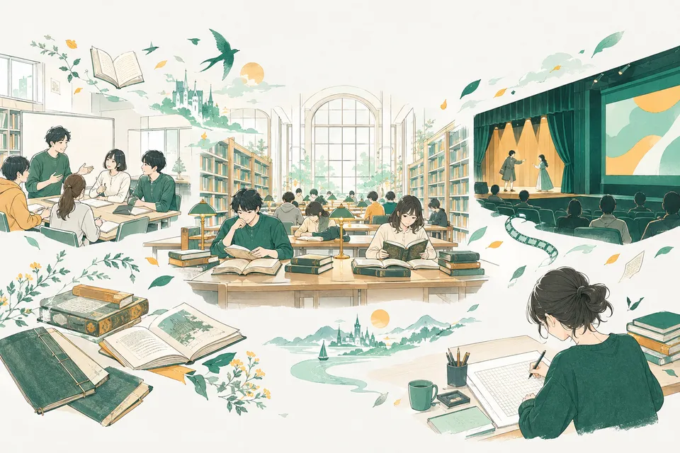 大学の図書館で古い和綴じの本や洋書を読む学生と、作品を語り合うゼミ、舞台や映画の場面が広がる様子