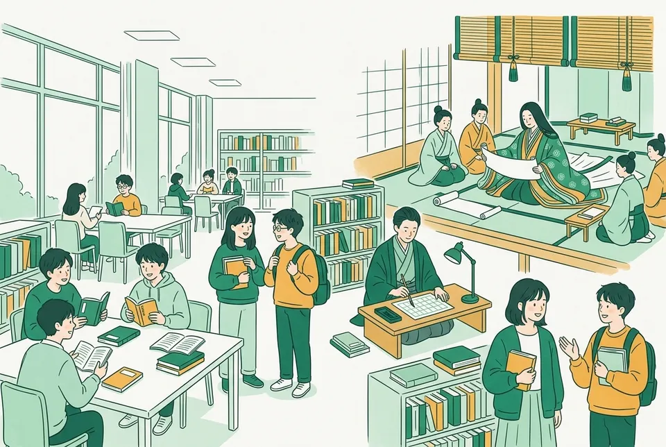 平安時代の宮廷で巻物を広げる女性、明治の書斎で原稿を書く作家、和綴じの本や文庫本を手に語り合う大学生たちが、ひとつながりに描かれた図書館の場面