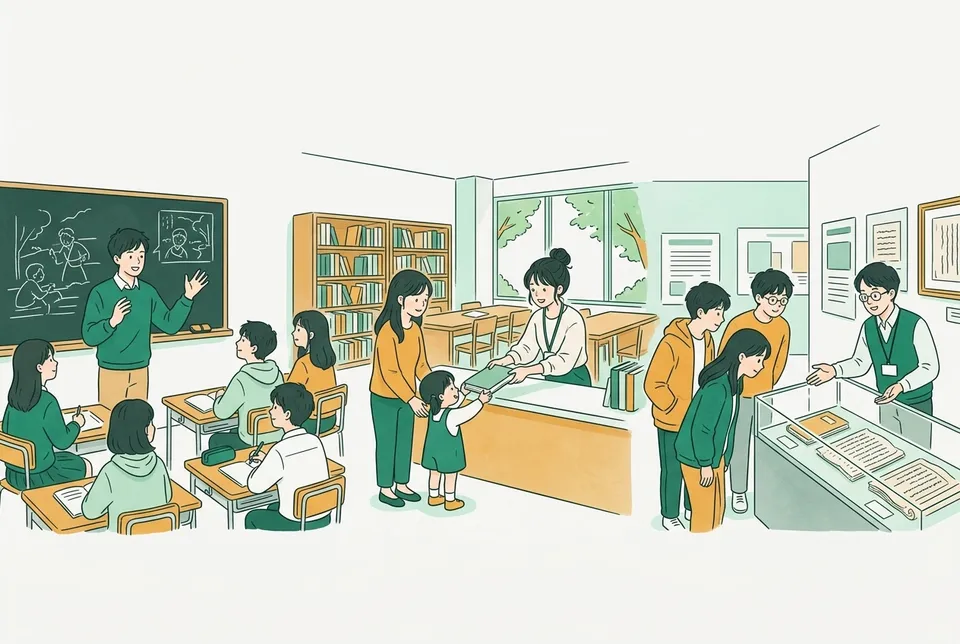 高校の教室で物語を語る国語の先生、図書館で子どもに本を手渡す司書、文学館で作家の原稿を見せる学芸員が、ひとつながりの場面に描かれた様子