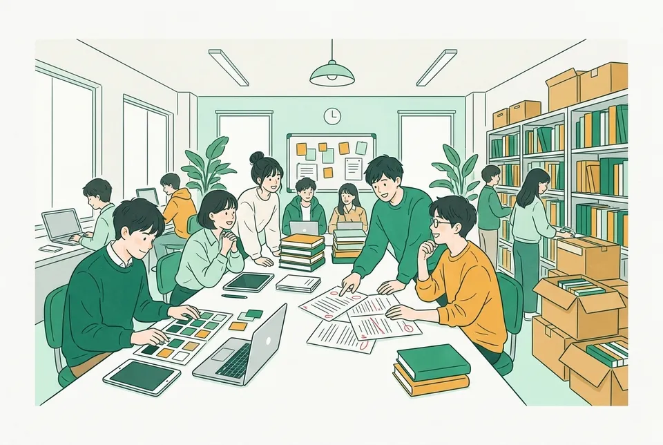 出版社の編集部で、刷り上がったばかりの本の束と赤字の入ったゲラを囲み、作家やデザイナーと楽しそうに話し合う若い編集者たち