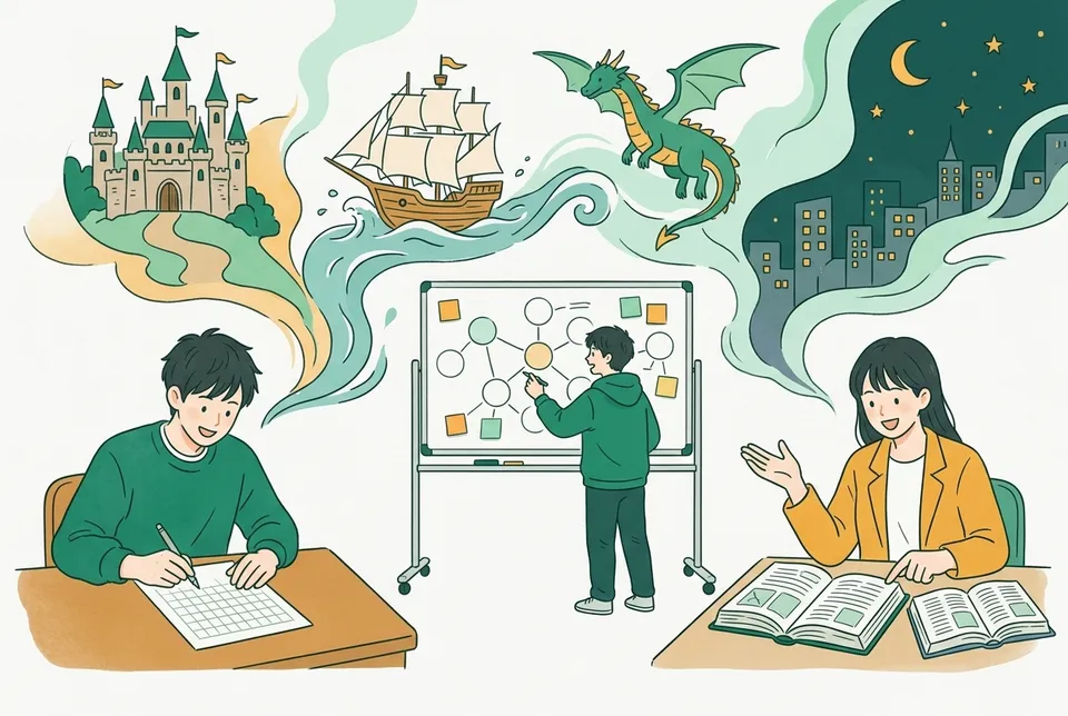 原稿用紙に向かう作家、登場人物の関係図を描くシナリオライター、洋書と辞書を広げる翻訳者のまわりに、お城や帆船など物語の場面が立ちのぼる様子