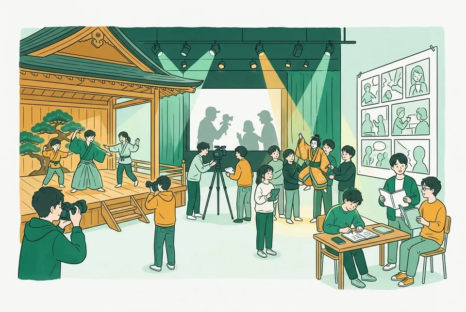 能舞台、人形浄瑠璃の人形、映画のスクリーン、マンガのコマが並ぶ大きな劇場で、台本を読み合わせたり物語を書いたりする大学生たち