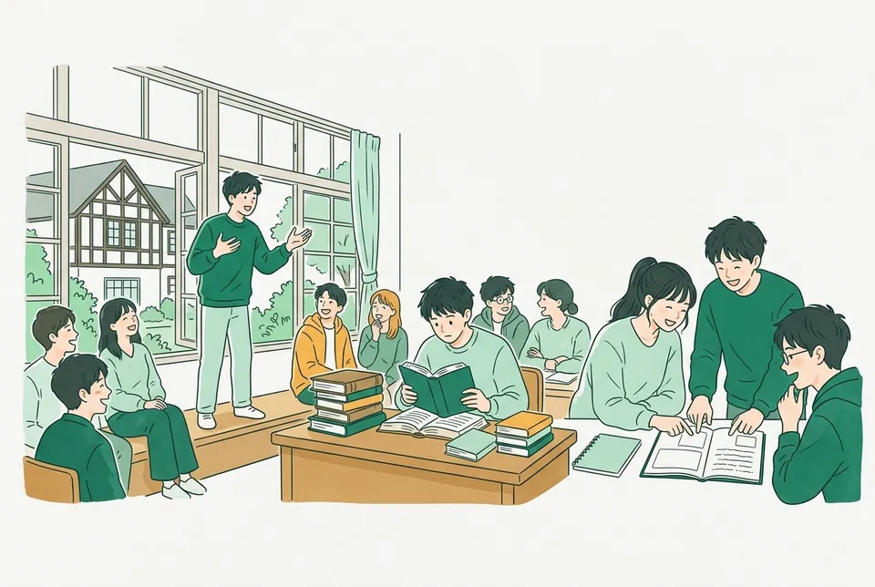 大学の教室で、古い洋書と日本語の文庫本を並べて辞書を引く学生、台詞を声に出して演じる学生、ノートで訳を比べる学生たち
