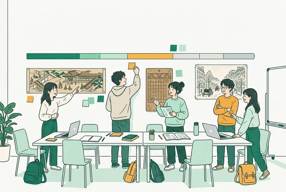 大学のゼミ室の壁に長い年表を貼り、平安の宮廷の絵巻の複製や古い暦、19 世紀のパリの街の絵を並べて、作品の年代に印をつけながら話し合う大学生たち