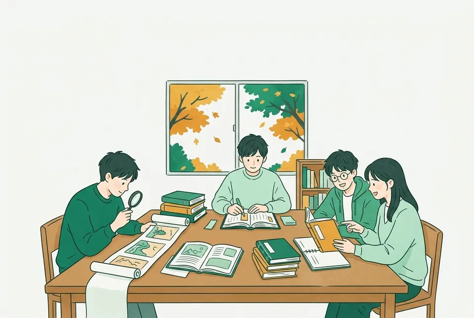 大学の図書館の大きな机で、和綴じの古い本や絵巻の複製を広げ、ルーペでのぞき込んだり付箋を貼ったりしながら読み合う大学生たち