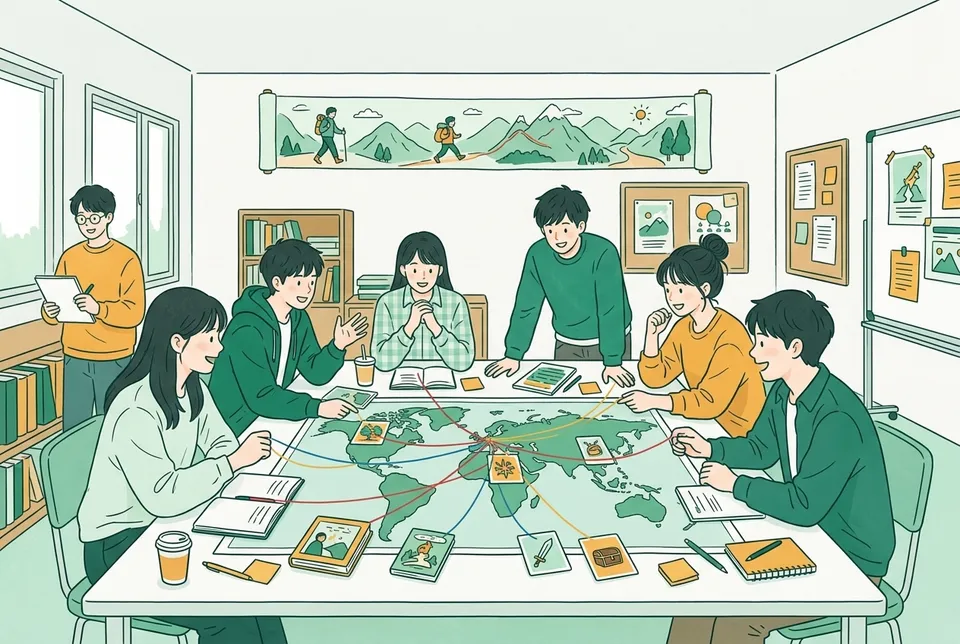 世界地図を広げた机のまわりで、各地の昔話の絵本や物語の場面を描いたカードを並べ、糸でつないで話し合う大学生たち