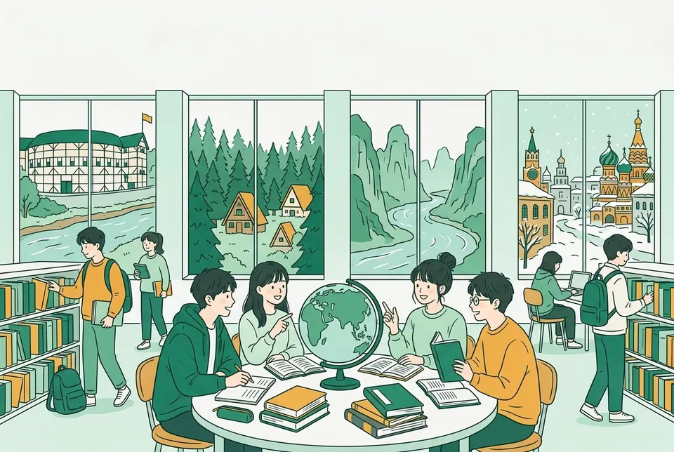 ロンドンの円形劇場、ドイツの森、中国の山水、雪のロシアの街並みを窓の外に望む図書館で、地球儀を囲んで洋書や漢籍を読み比べる大学生たち