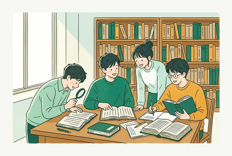 古い和綴じの本をのぞき込んで筆の文字を指でなぞる学生たちと、英語の小説に辞書を引きながら書き込みをする学生