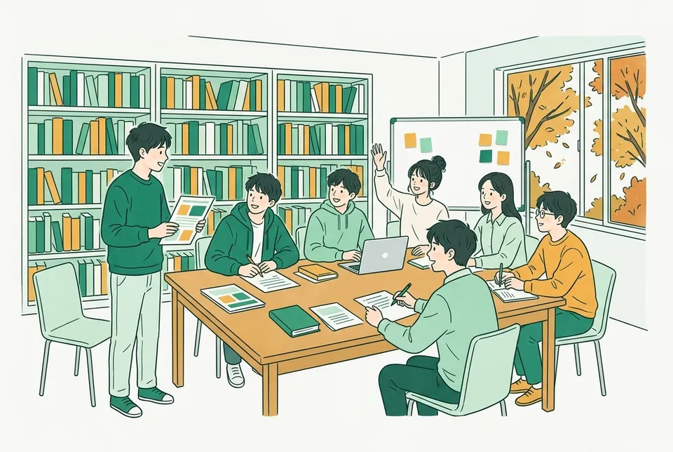 ゼミ室の大きな机を囲み、配られた資料を手に発表者の話を聞く学生たちと、壁一面の本棚