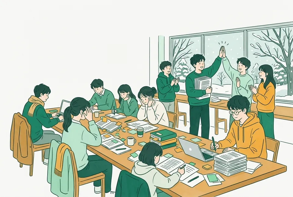 冬の図書館の長い机で、付箋だらけの文庫本と原稿を広げて卒業論文を仕上げる学生たち