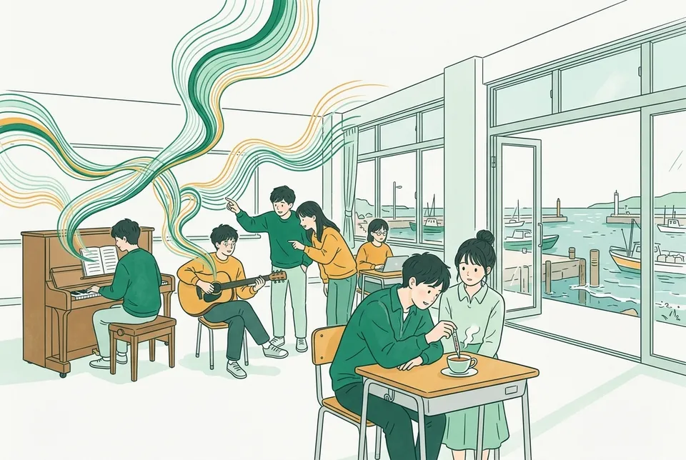楽器の音を波の模型で比べる学生、湯気の立つ紅茶に温度計をさす学生、窓の外の港の潮の満ち引きを眺める学生がいる明るい教室