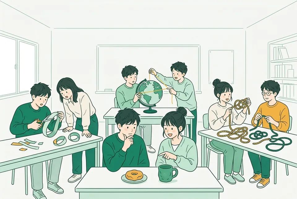 ねじれた紙の輪をはさみで切る学生、地球儀にひもを張る学生、色とりどりのロープで結び目を作る学生がいる明るいセミナー室