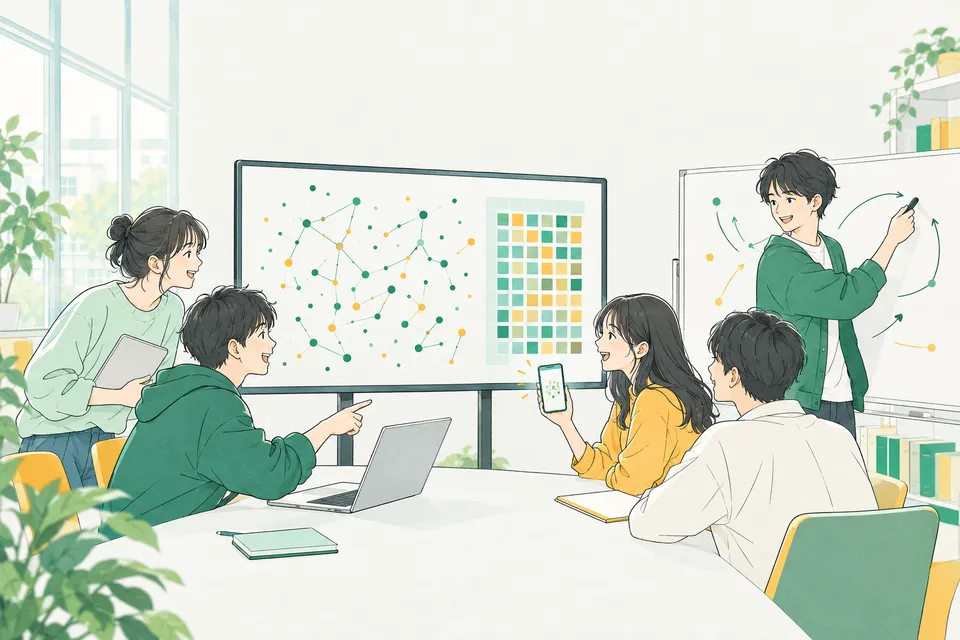 たくさんの点と線がつながった図が浮かぶ大きな画面の前で、ノートパソコンを開いて話し合う学生たち
