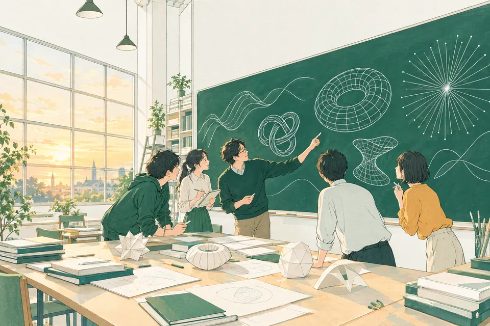 研究室の大きな黒板いっぱいに曲線や結び目、立体の図を描き、身を乗り出して議論する大学院生と研究者たち