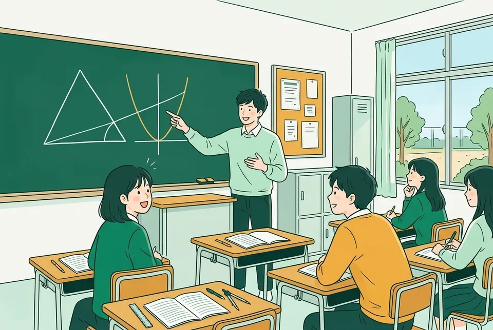 高校の教室で、黒板の三角形と放物線の図を指して説明する若い数学の先生と、ノートから顔を上げる生徒たち
