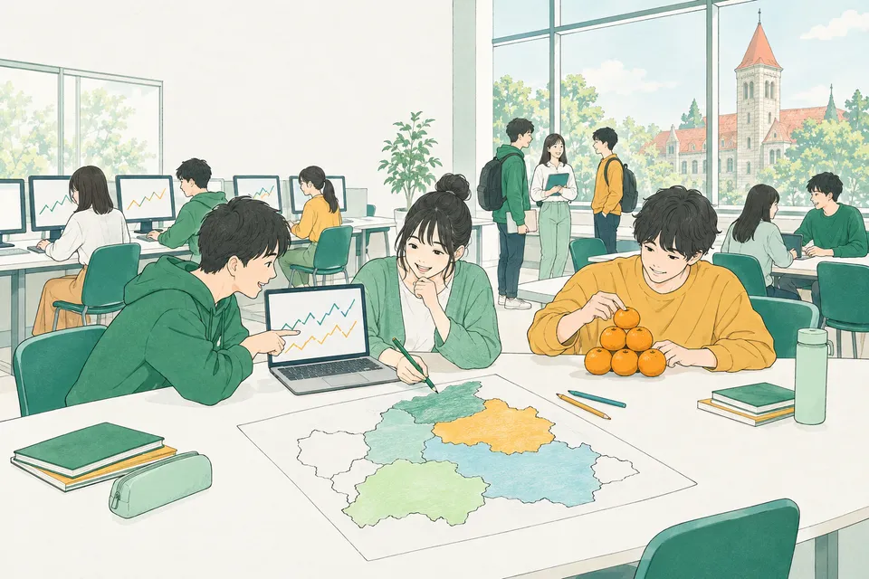 大学の計算機室で、画面の折れ線グラフを指さす学生、色鉛筆で地図を 4 色に塗り分ける学生、机の上にみかんを三角形に積み上げる学生たち