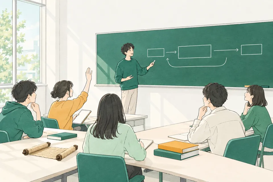 セミナー室の黒板の前で、矢印でつないだ短い文を指して説明する学生と、ノートを手に質問する仲間たち。机には古い巻物の複製と厚い本が並ぶ