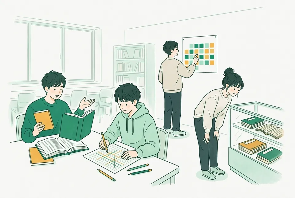 大学のセミナー室で、高校の教科書と厚い専門書を並べて開く学生、方眼紙に交わる 2 本の直線を引く学生、壁のカレンダーのマスを指でたどる学生たち