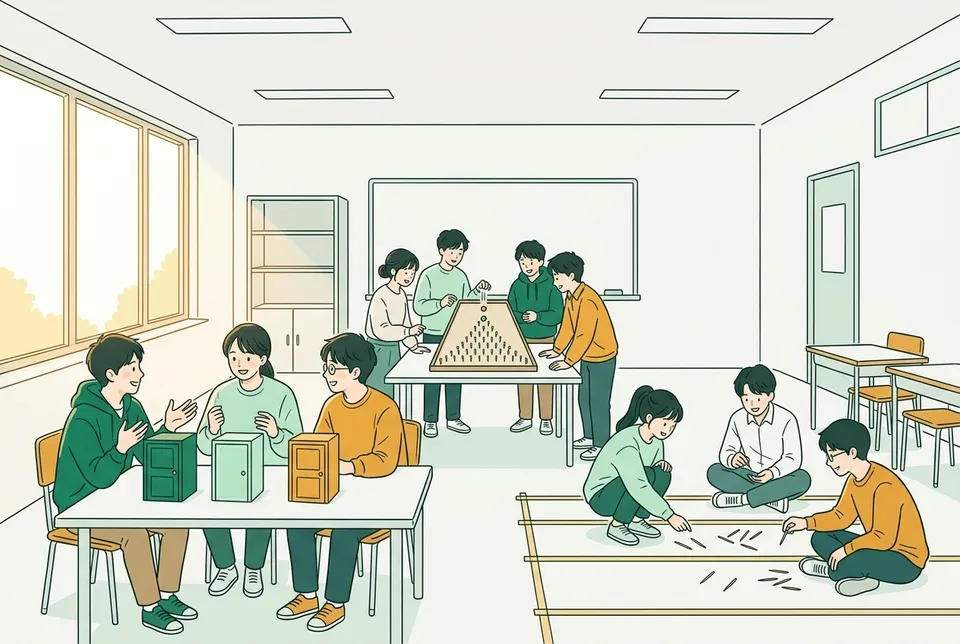 3 つの扉の模型の前で相談する学生、くぎを並べた板に玉を落とす学生、床の平行線の上につまようじを落とす学生がいる明るいセミナー室