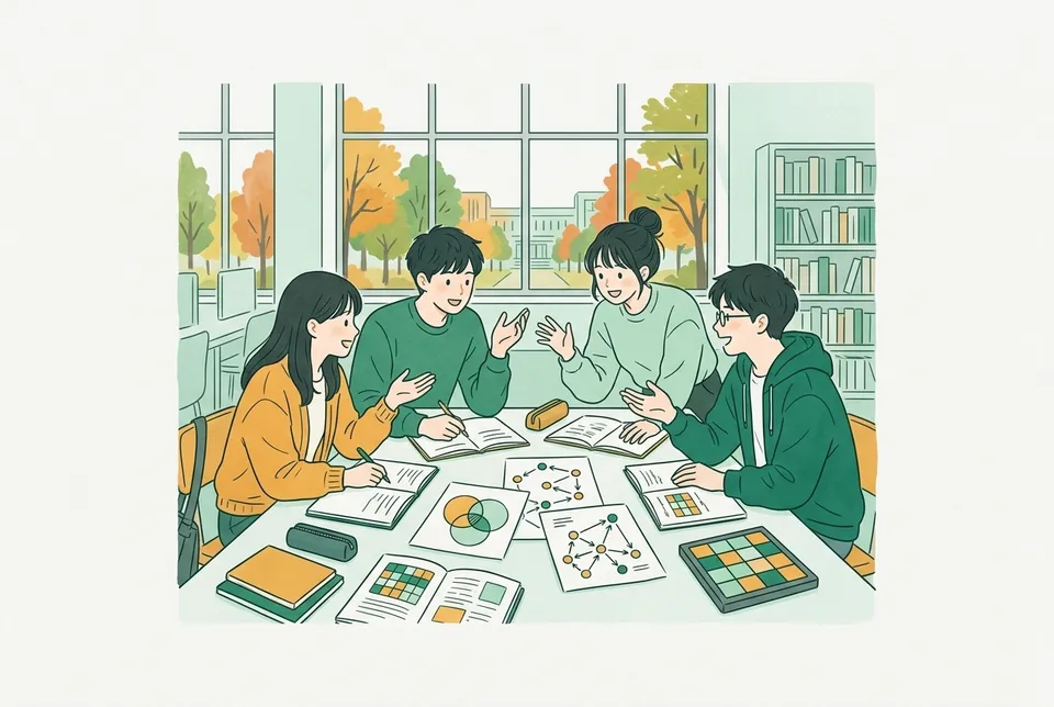 図書館の大きな机で、円や矢印の図を描いたノートを広げて議論する 2 年生たちと、机の上のスライドパズル