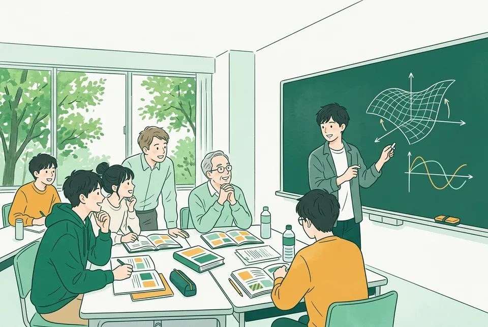 演習室の黒板の前で曲面やグラフの図を描きながら説明する 3 年生と、熱心に聞く仲間と教員