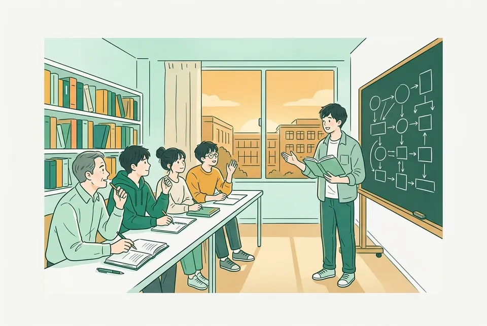 小さなセミナー室で、開いた専門書を片手に黒板へ図を描いて発表する 4 年生と、身を乗り出して質問する先生と仲間