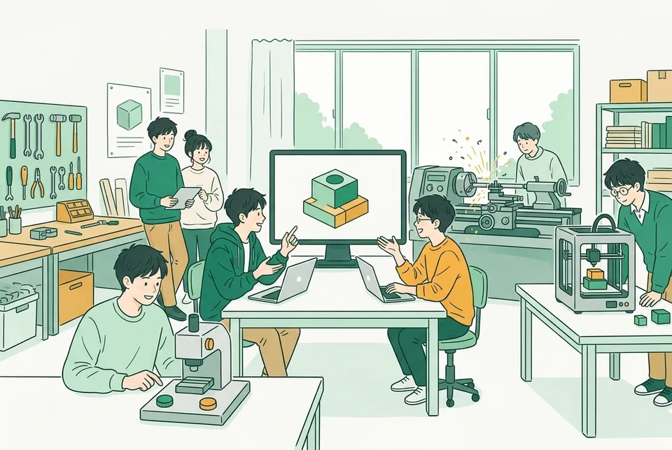 3D CAD の画面を囲んで話し合う学生、旋盤で金属を削る学生、3D プリンタで部品を作る様子、両手のボタンで動く小さなプレス機の模型
