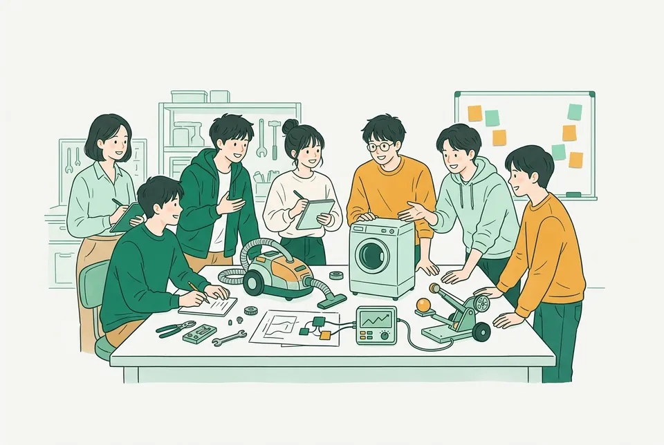 試作の掃除機、昔の丸い洗濯機の模型、ピッチングマシンの模型、センサーを貼った部品を囲んで改良点を話し合う学生たち