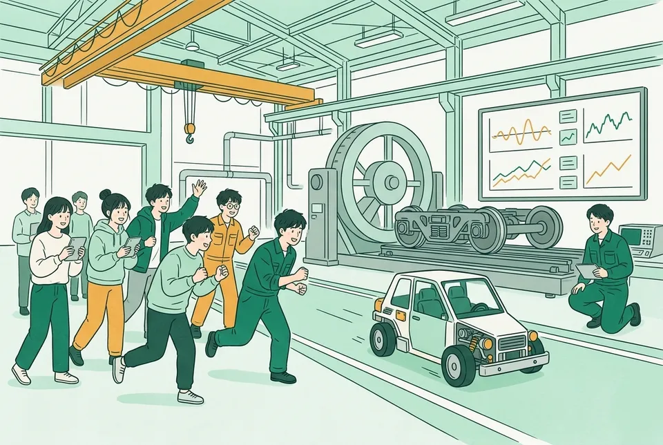 テストコースを走り出す試作の小型車と、台車を載せた大きな試験装置、計測器のグラフを見守る学生と若い技術者たち