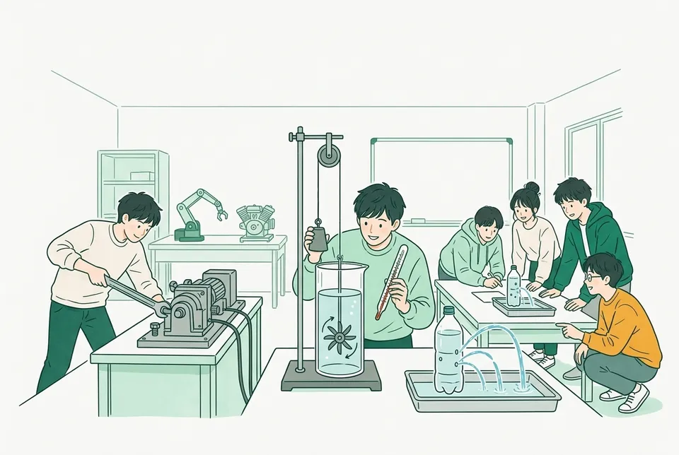実験室で、長いスパナでボルトを締める学生、羽根車の付いた容器の水温を確かめる学生、穴をあけたペットボトルから弧を描いて飛び出す水を見つめる学生たち