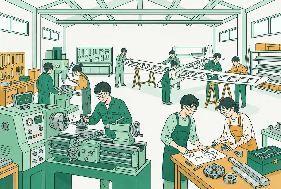 大学の実習工場で旋盤を使って金属を削る学生たちと、奥の作業場で人力飛行機の長い翼を組み立てる学生たち