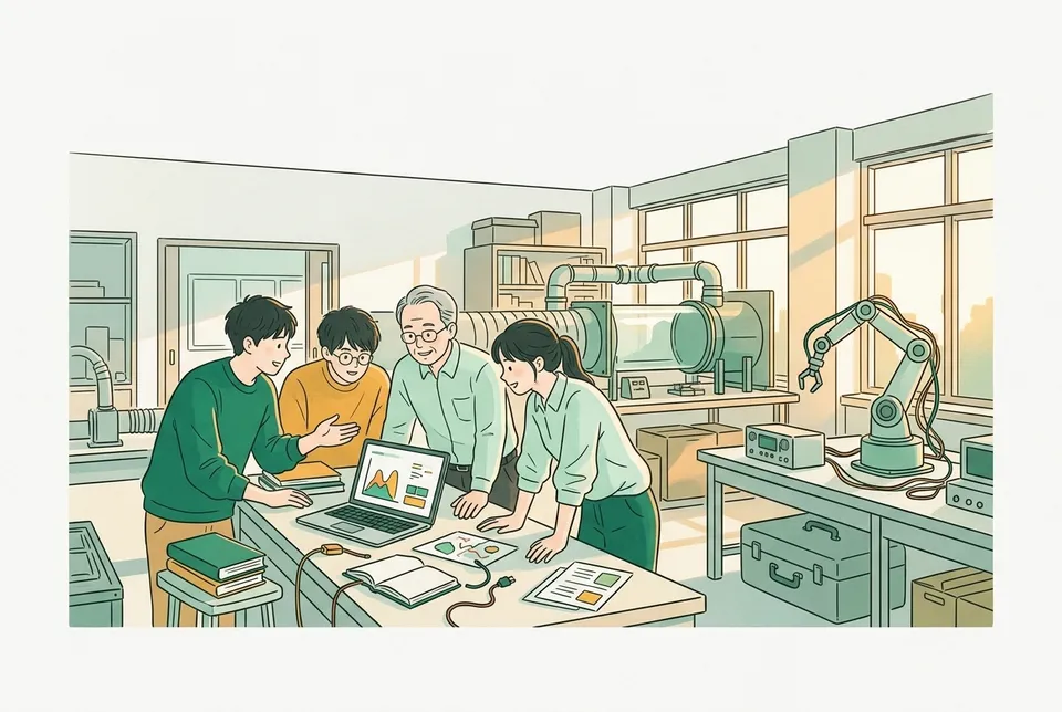 研究室の大きな実験装置のまわりで、先生や大学院生と測定結果のグラフを見ながら話し合う 4 年生